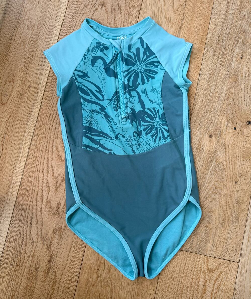 Athleta Girl One Piece Rash Guard Swimsuit XS 6 Blue Floral Zip Front UPF Beach